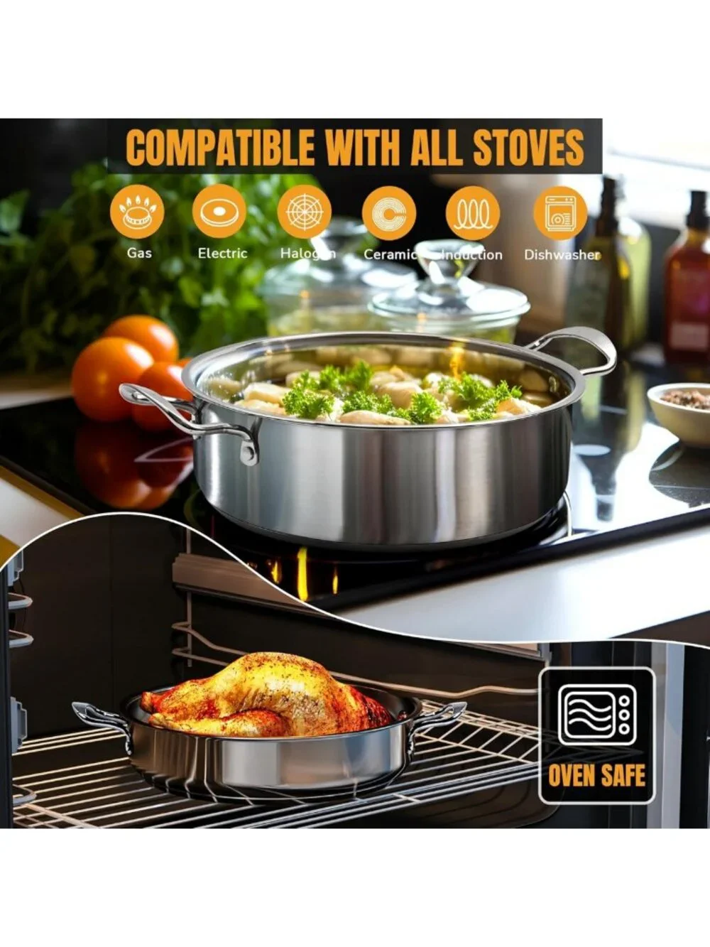 6-Piece Nonstick Stainless Steel Cookware Set for Induction & Gas Cooktops